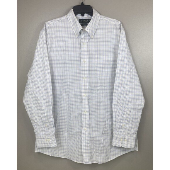 LAUREN RALPH LAUREN BUTTON DRESS SHIRT Sz 17 34/35 WHITE BLUE YELLOW SLIM FIT - Picture 1 of 4